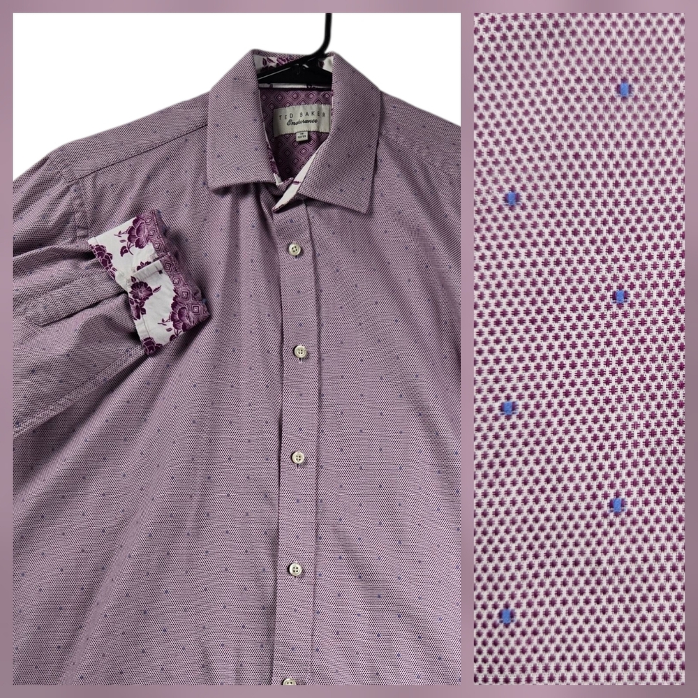 Ted Baker Endurance Purple Dot Floral Cuff Button Up Shirt 16 32/33‎